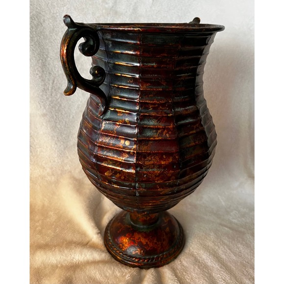 Rustic Copper Hue Tin Plant Flower Vase Urn 12.75" Tall - Picture 5 of 10